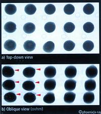 Figure 3. On the top there are 15 joints in top-down view. Some of them at the lower left appear slightly brighter and broader, showing a signature of opens. At the bottom, the display in oblique view allows opens clearly identified